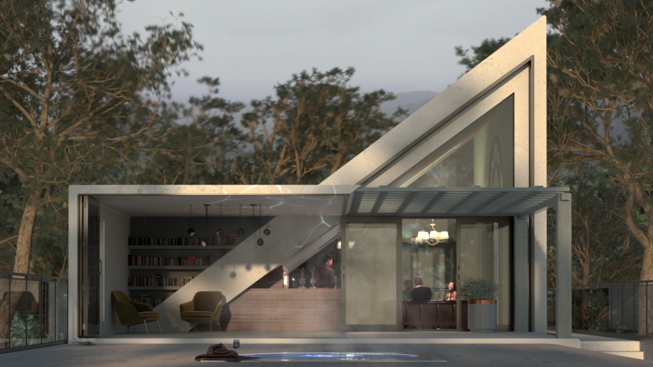 An exterior render of a retreat with a bar and pool by Anella Visuals