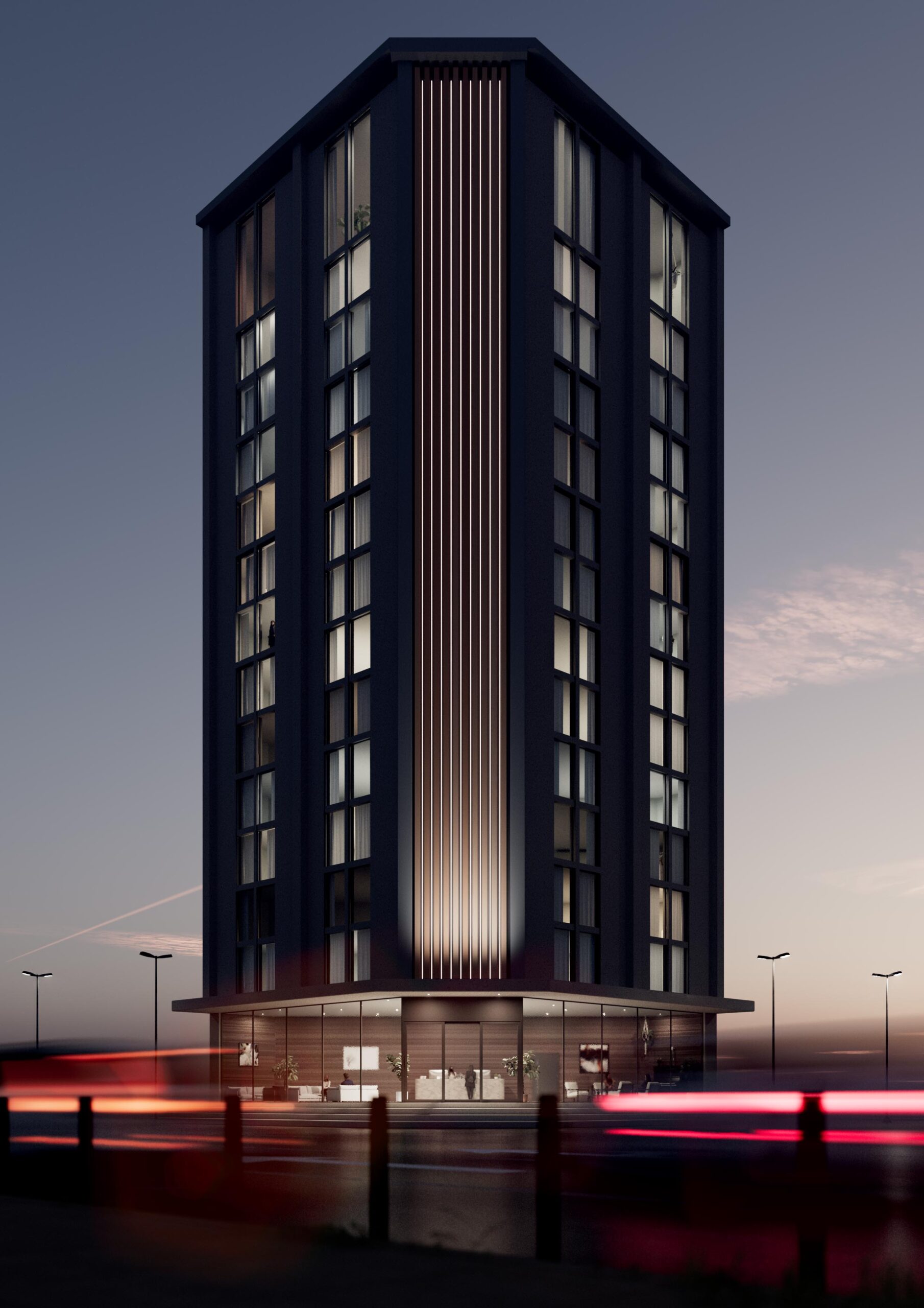 CGI Exterior render of a Hotel towering into a clear sky at dusk. Cars travel from right to left as seen by the effect of a long exposure, creating streaks of red and orange light at the bottom of the image. The image was created by Anella Visuals.